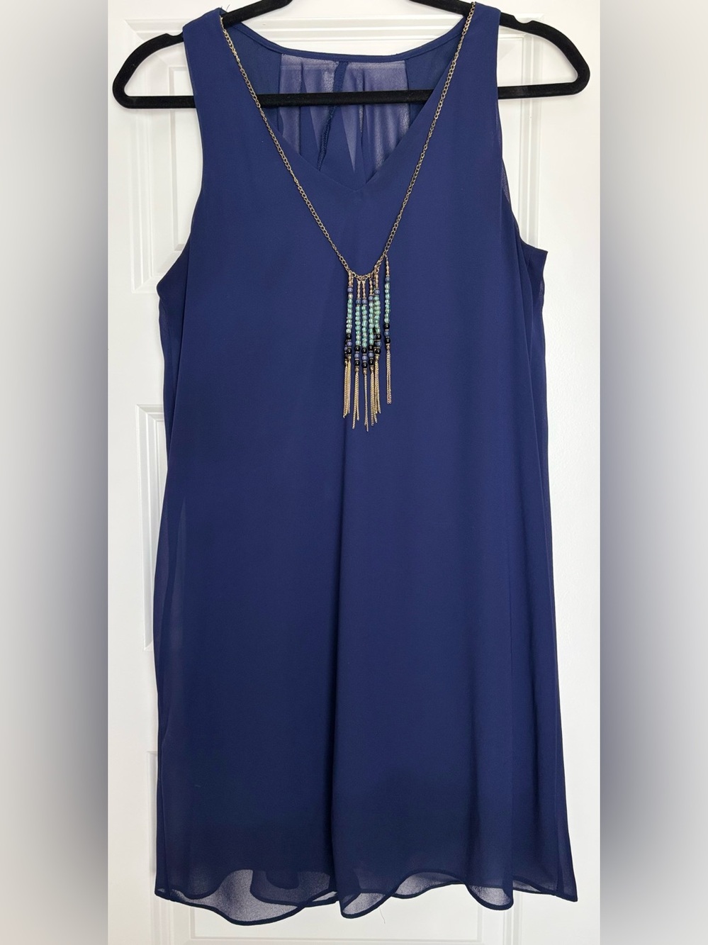 A. Byer Navy Chiffon Dress w/ Layered Flowing Back Size Medium